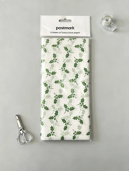 Postmark Tissue Paper - Green Foil Holly